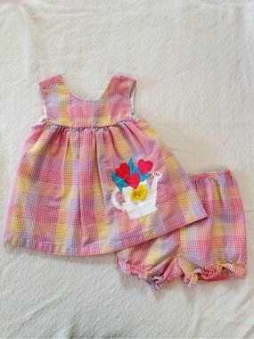 Samara Vintage Colorful Gingham Sleeveless Top and Short Set with Appliqués